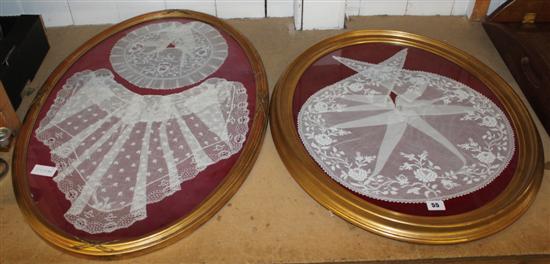 2 gilt framed samples of Ayreshire lace collars